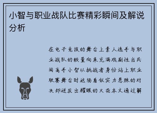 小智与职业战队比赛精彩瞬间及解说分析